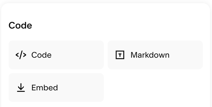 Squarespace's Add Block menu, showing the Code section with Code, Markdown, and Embed options.
