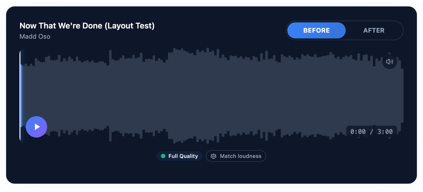 A SoundToggle A/B player embedded on a Squarespace page, showing the track title, a waveform, BEFORE and AFTER toggle buttons, a play button, and Full Quality and Match loudness badges.