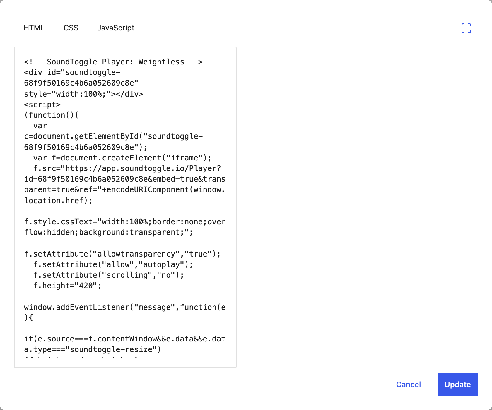 The WordPress Custom HTML editing modal, with tabs labelled HTML, CSS and JavaScript, the SoundToggle embed snippet pasted into the HTML tab, an empty preview pane to its right, and Cancel and Update buttons.
