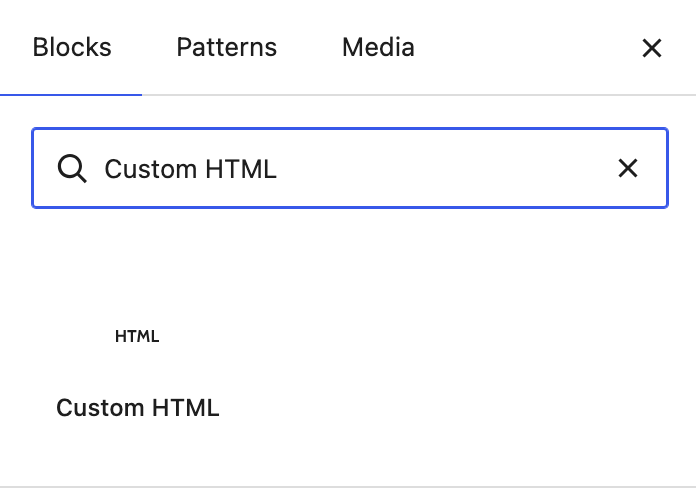 The WordPress block inserter panel with "Custom HTML" typed into the search field and a single matching result, Custom HTML, shown beneath it.